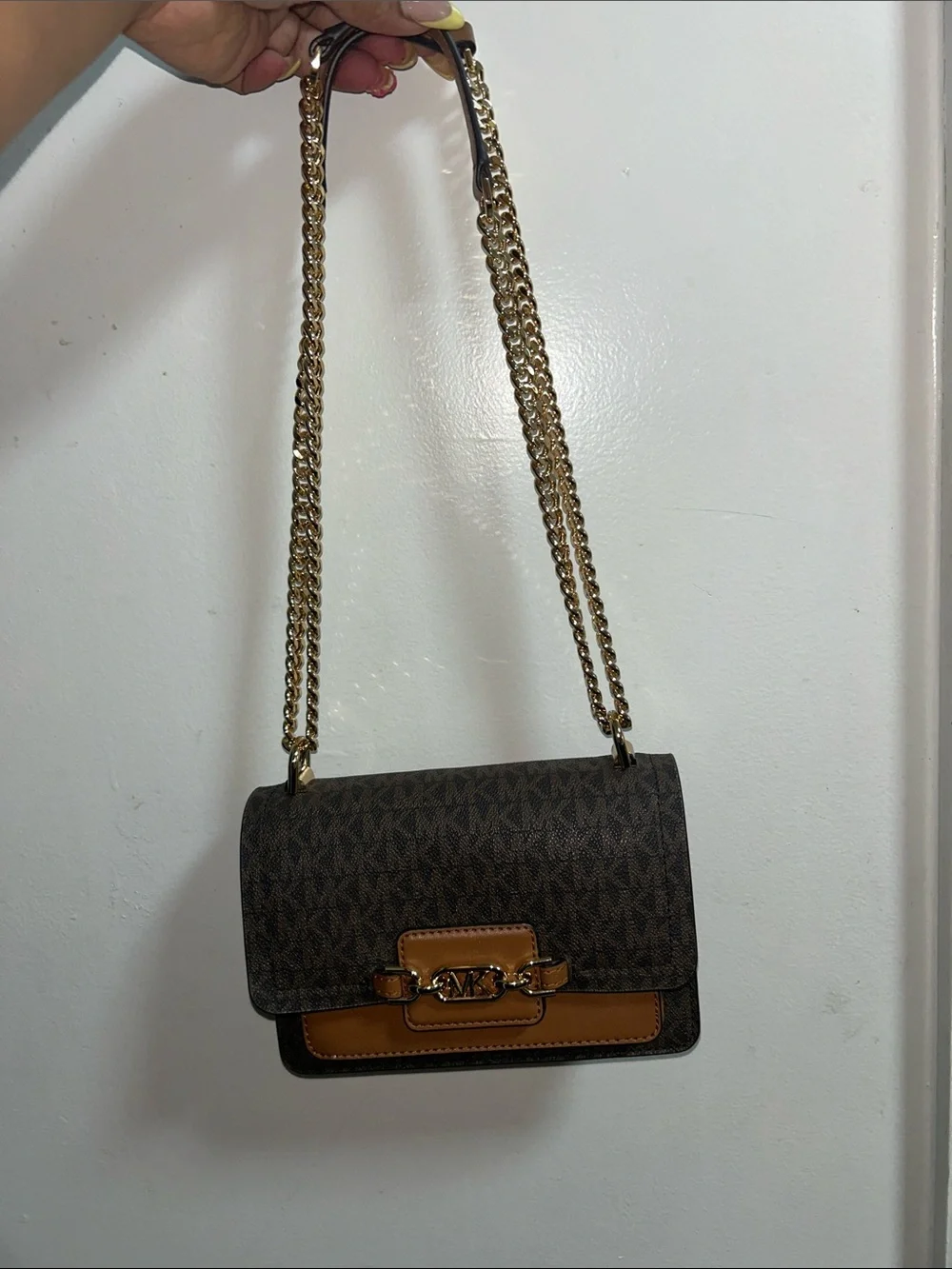 Like new Michael Kors Brown Logo Crossbody with Tan Leather and Gold Chain